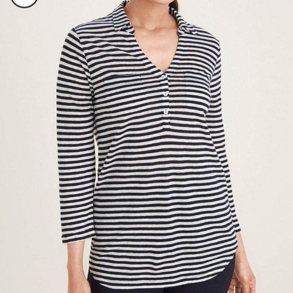Chico's Striped Linen Pocket Top Navy White Stripe Size 3 Petite